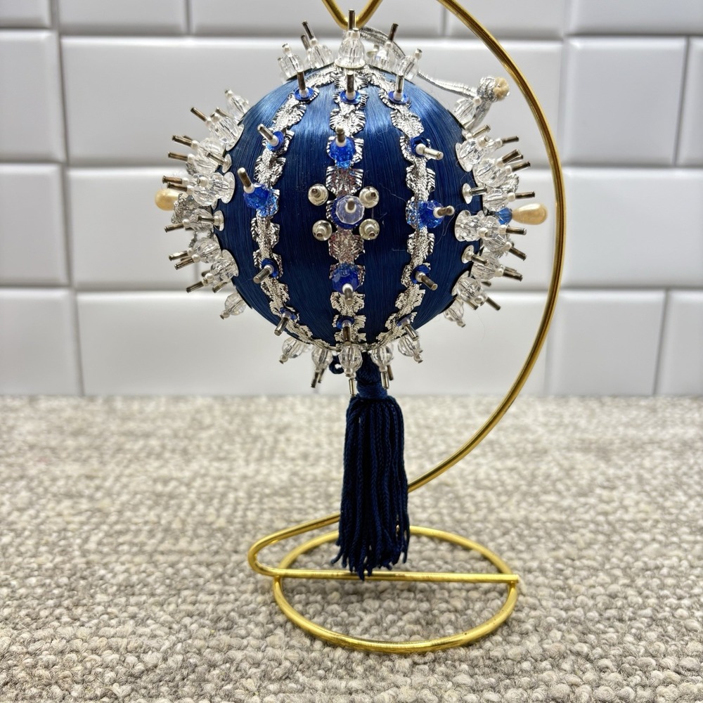 Vtg Silky Blue Christmas Ornament ‎ Pin Satin Beaded With Tassel Unique